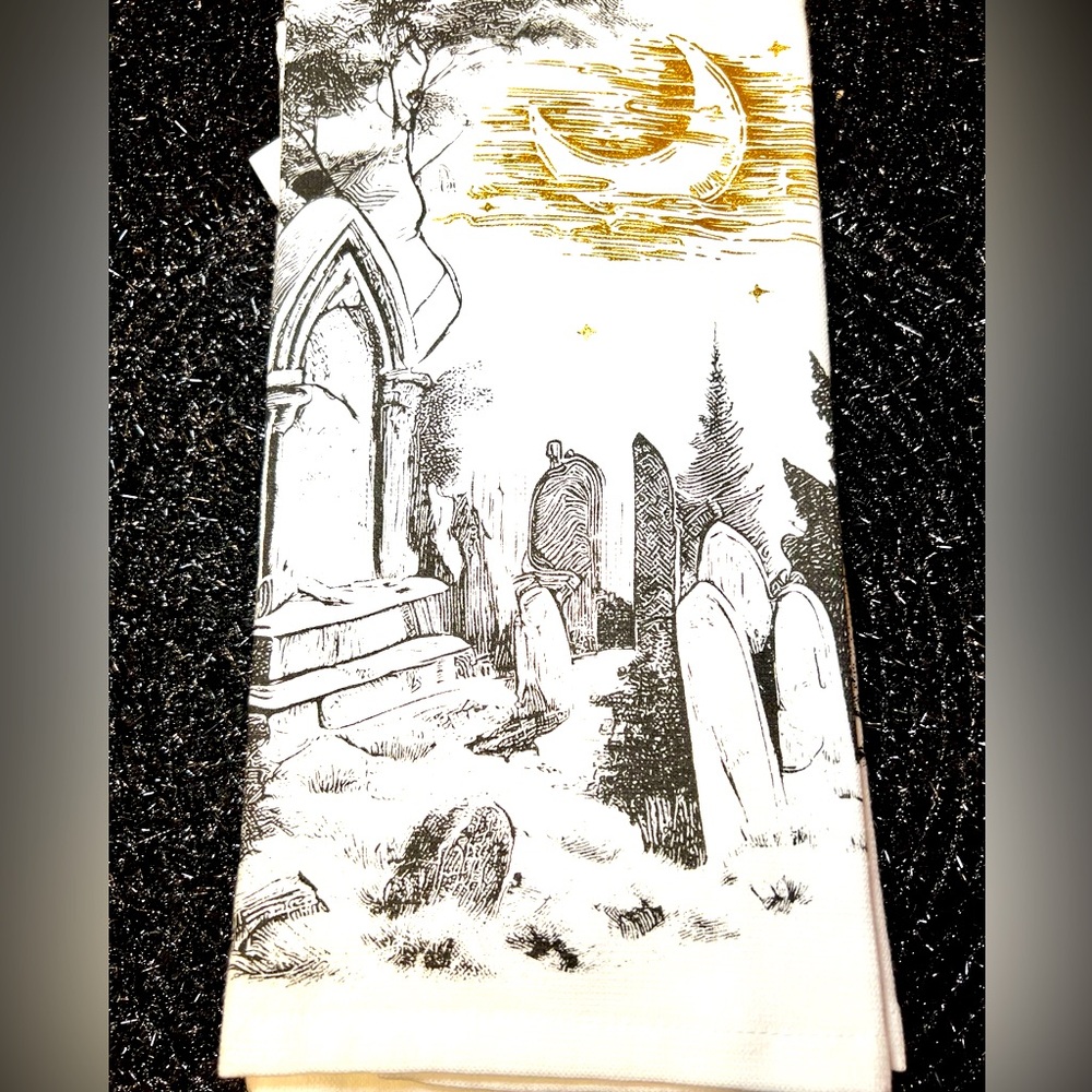 Kassafina Halloween Cemetery Set of 2 Tea Towel with Gold Moon Accent.
